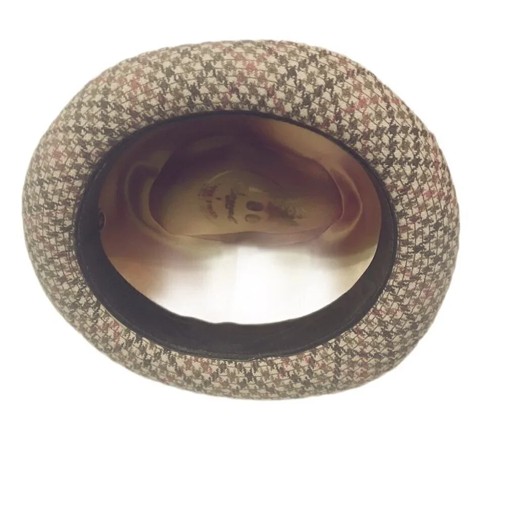 Vintage Brown Red Gingham Tweed Fedora Hat Structured Unisex OS